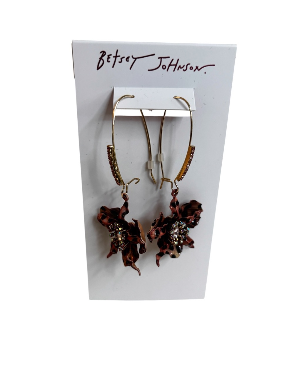 Betsey Johnson Leopard Print Orchid Dangle Earrings W/ Crystal Accents.